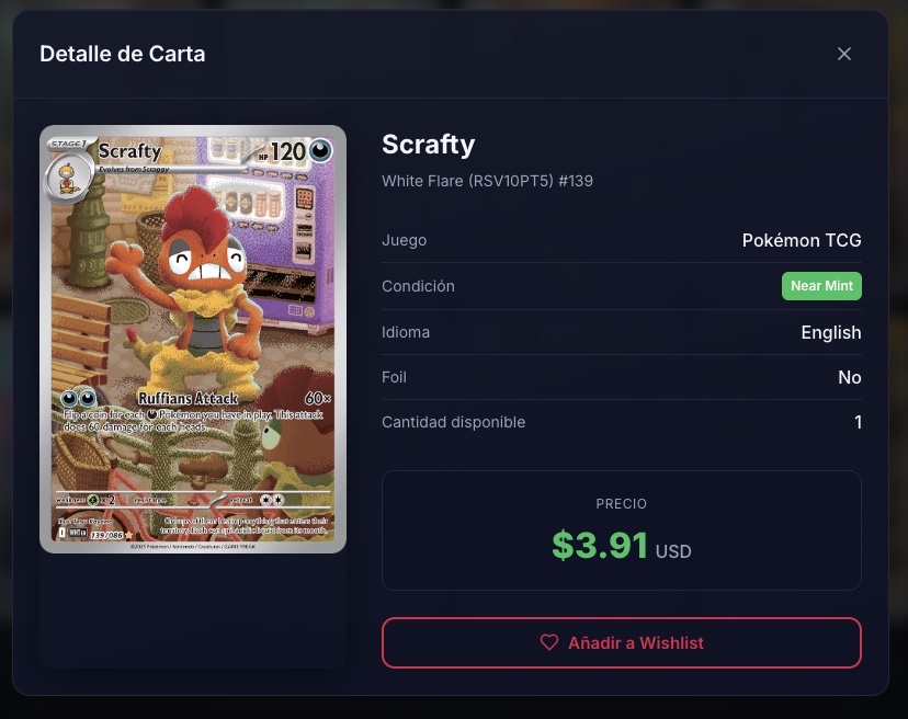 Detalle de carta — Scrafty con precio, condición y botón de carrito